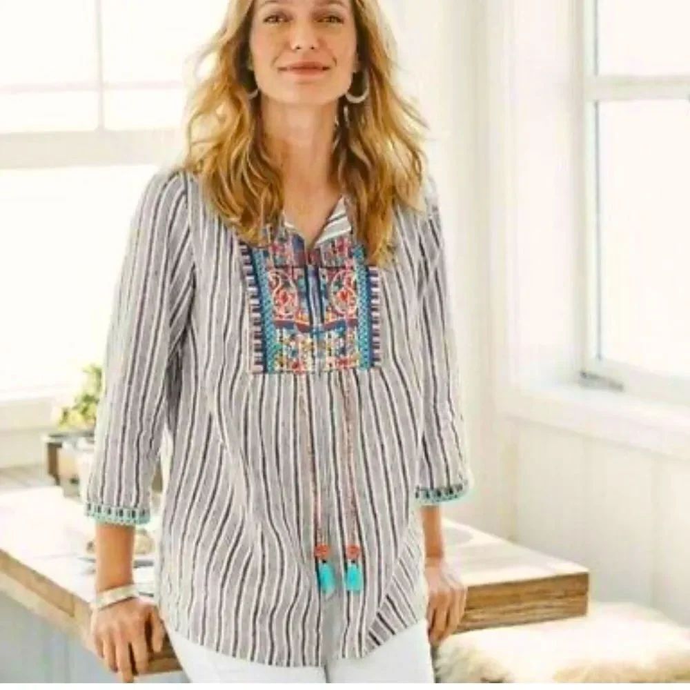 J. Jill White Blue Stripe Colorful Embroidered Ethnic Boho Festival Linen Jacket